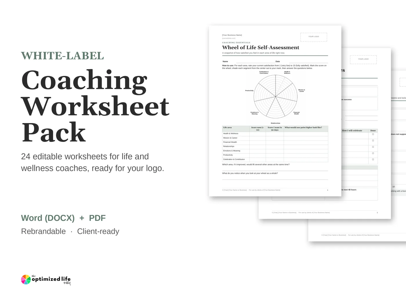 White-Label Coaching Worksheet Pack cover with sample pages, including the Wheel of Life Self-Assessment
