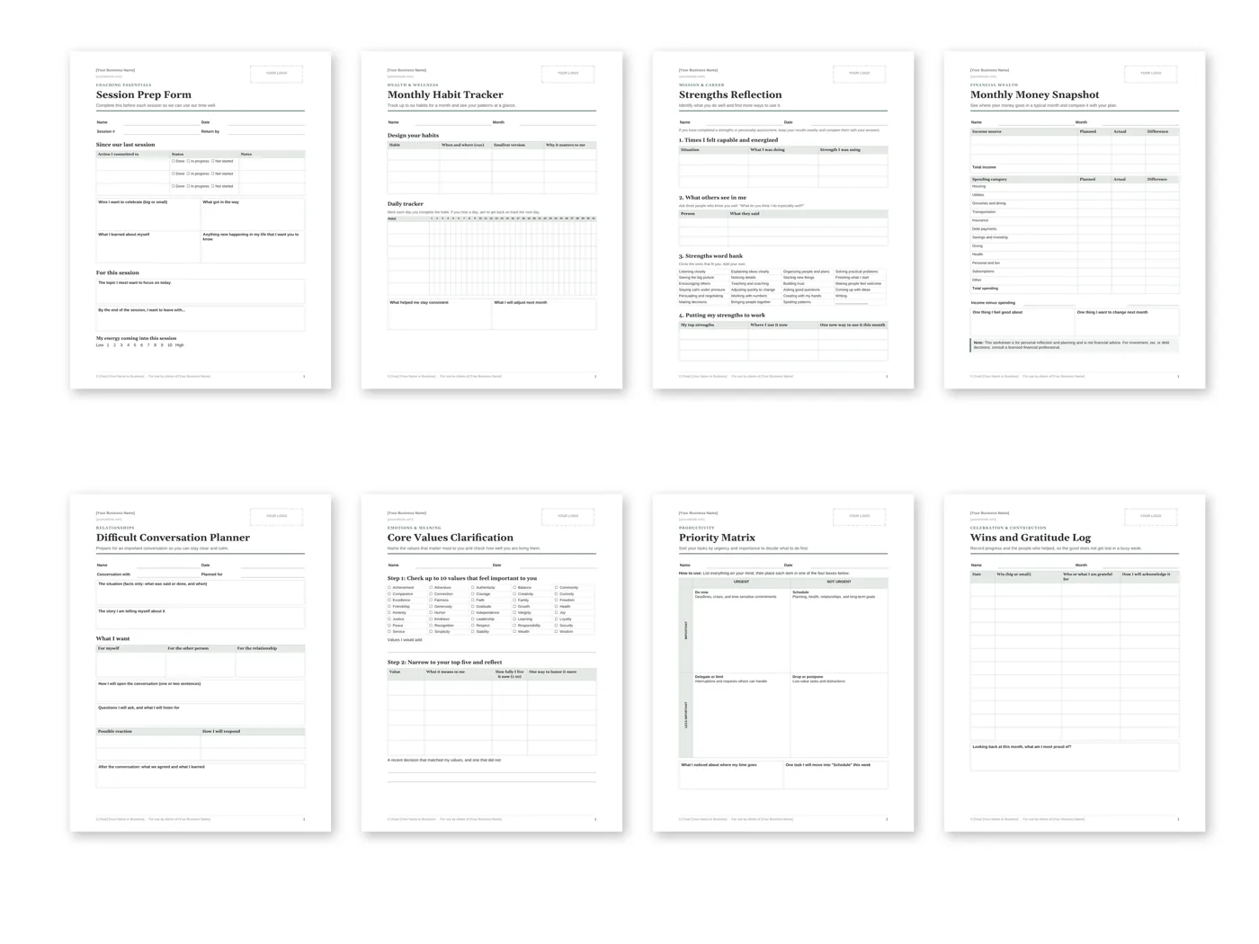 Eight sample worksheet pages, including the Session Prep Form, Monthly Habit Tracker, Strengths Reflection and Priority Matrix