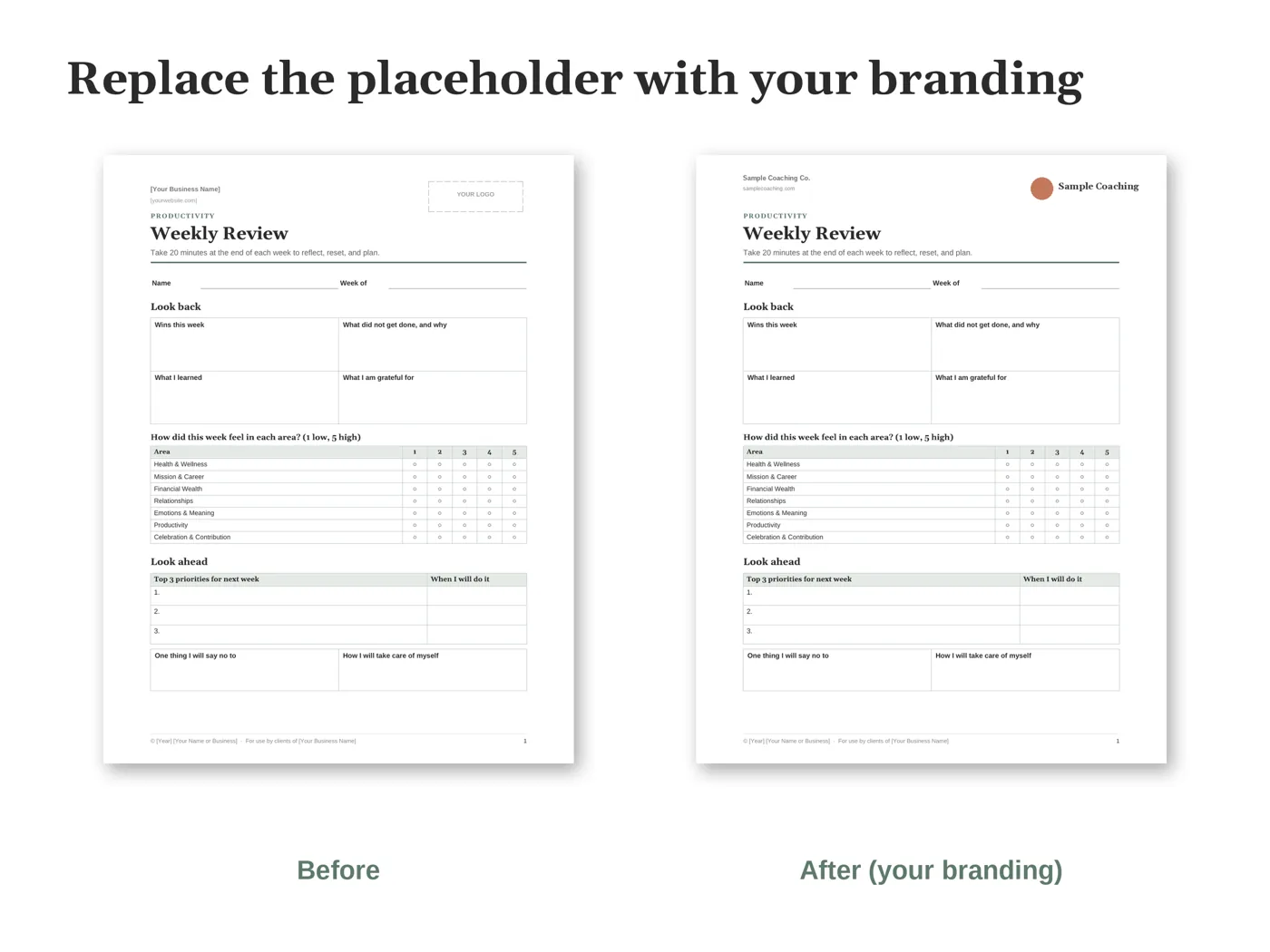 The Weekly Review worksheet shown twice: once with the YOUR LOGO placeholder and once with a sample coaching brand