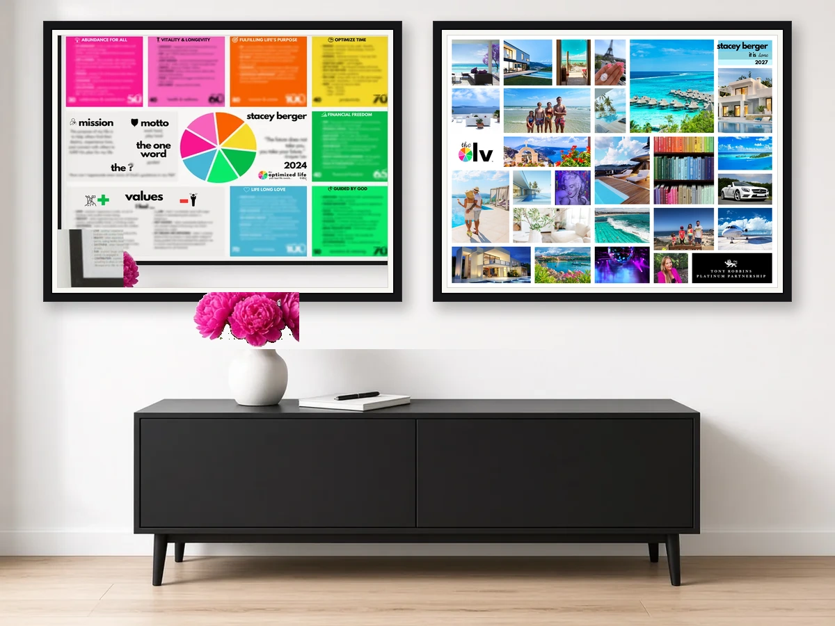 Both framed OLV posters displayed side by side on the wall: The OLV Assessment + Wheel Poster on the left and the 2027 Pictorial Vision Board Poster on the right
